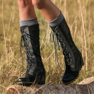 RARE🔥‎ Sorel Cate the Great Wedge Lace-Up Leather Boots, Black